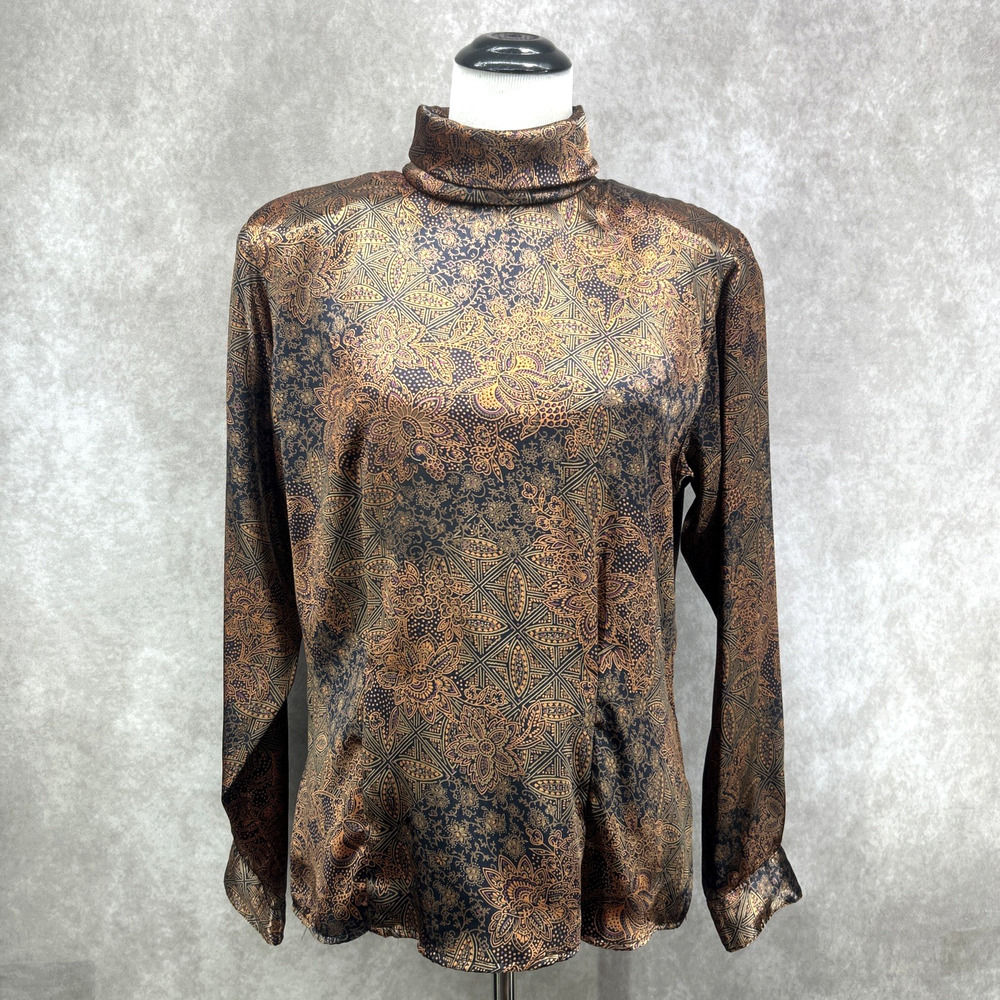 Vtg Satin Shiny Blouse Womens 10 Copper Bronze Mock Neck Baroque Floral Long Slv